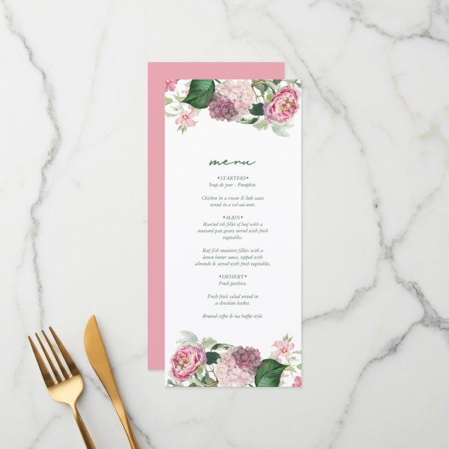 Menu Aquarelle romantique Fleurs roses Mariage de jardi (Devant/Arrière en situation)