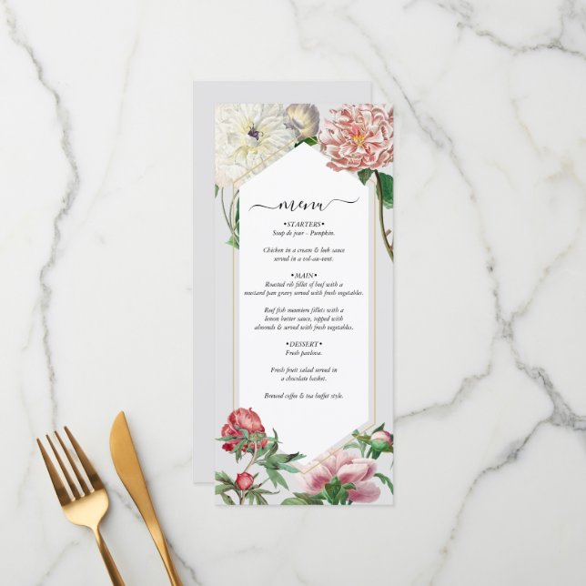 Menu Aquarelle rose blanc pivoines Mariage (Devant/Arrière en situation)