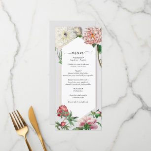 Menu Aquarelle rose blanc pivoines Mariage
