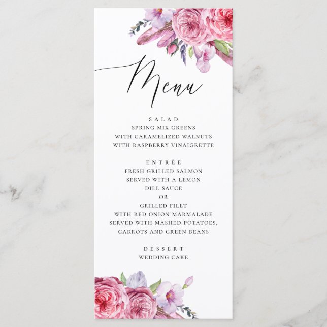 Menu Aquarelle rose boho floral et plumes mariage (Devant)