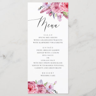 Menu Aquarelle rose boho floral et plumes mariage