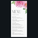 Menu Aquarelle rose Dahlia Fleurs Mariages floraux<br><div class="desc">Ajoutez un accent floral à votre paysage de table événementiel avec cette carte de menu personnalisable. Il présente des fleurs de dahlia roses et rousses et une typographie minimaliste. Personnalisez en ajoutant la date et le choix du repas. Cette carte à la carte fleurie est idéale pour les mariages printaniers,...</div>