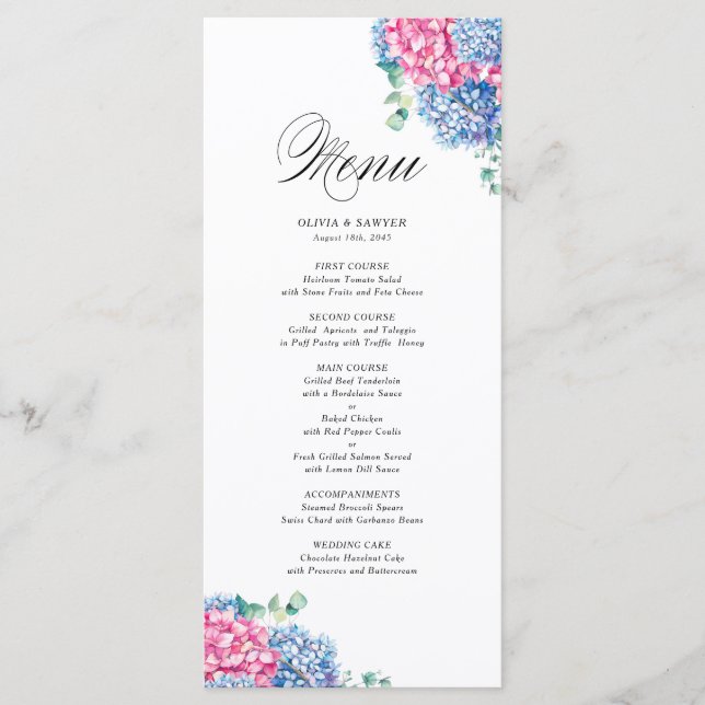 Menu Aquarelle rose et bleu Hydrangeas Mariage (Devant)