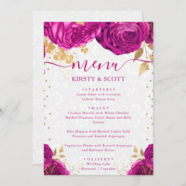 Menu Aquarelle rose et or Mariage (Devant / Derrière)