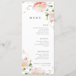 Menu Aquarelle rose fleur sauvage Mariage élégant