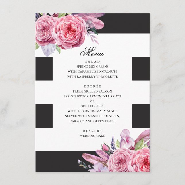 Menu Aquarelle rose fleurs et plumes mariage (Devant)