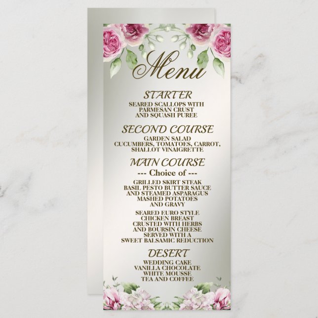 Menu Aquarelle rose Floral Frame Bronze brillant (Devant / Derrière)