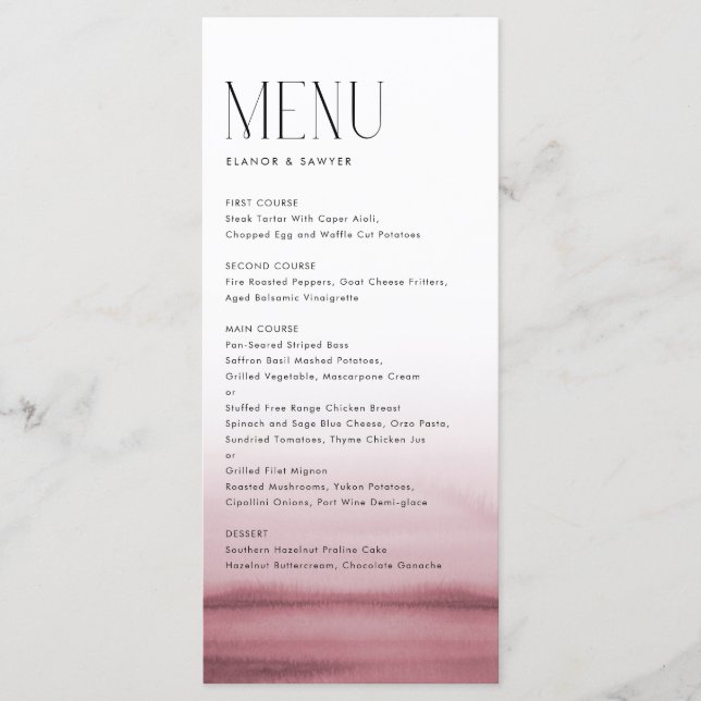 Menu Aquarelle rose Ombre Mariage moderne (Devant)