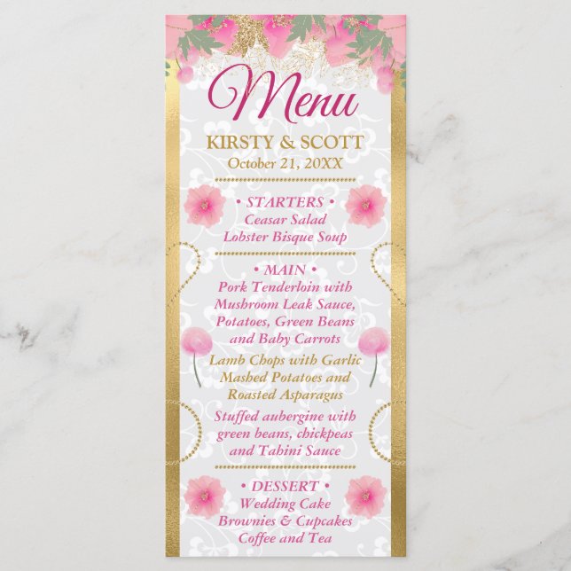 Menu Aquarelle rose & or Fleurs Mariage (Devant)