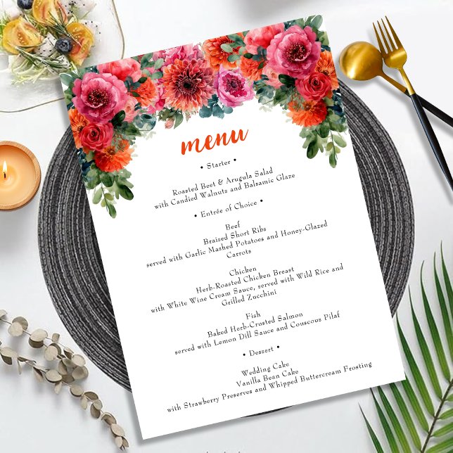 Menu Aquarelle rose orange simple Mariage floral (Créateur téléchargé)
