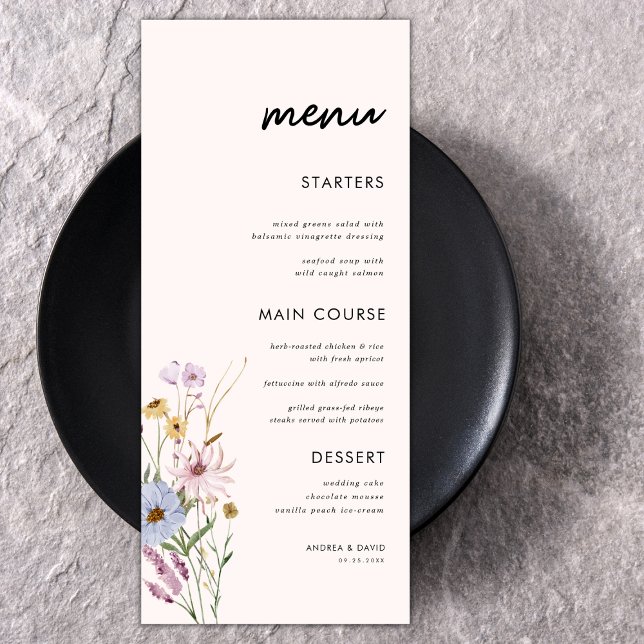 Menu Aquarelle rose pâle Fleur sauvage Floral Mariage H (Créateur téléchargé)