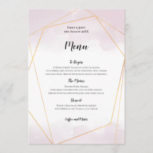 Menu Aquarelle rose pâle Mariage géométrique or