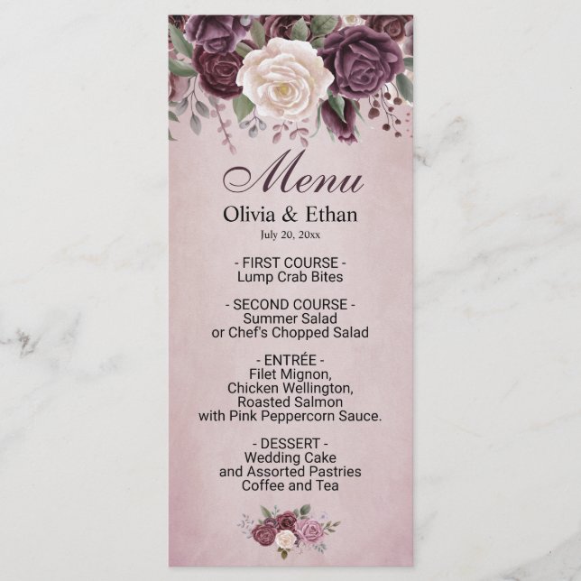 Menu Aquarelle rose poussiéreuse vintage florale (Devant)