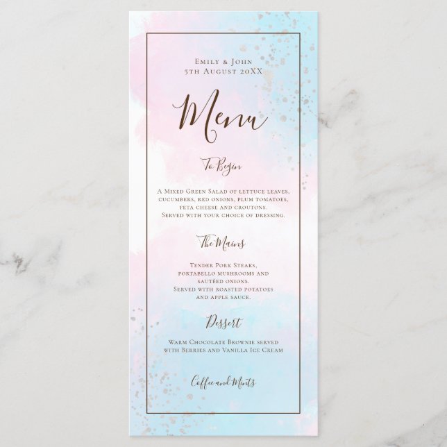Menu Aquarelle rose Turquoise Argent Confetti Mariage (Devant)