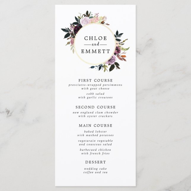 Menu Aquarelle rose violet Mariage floral (Devant)
