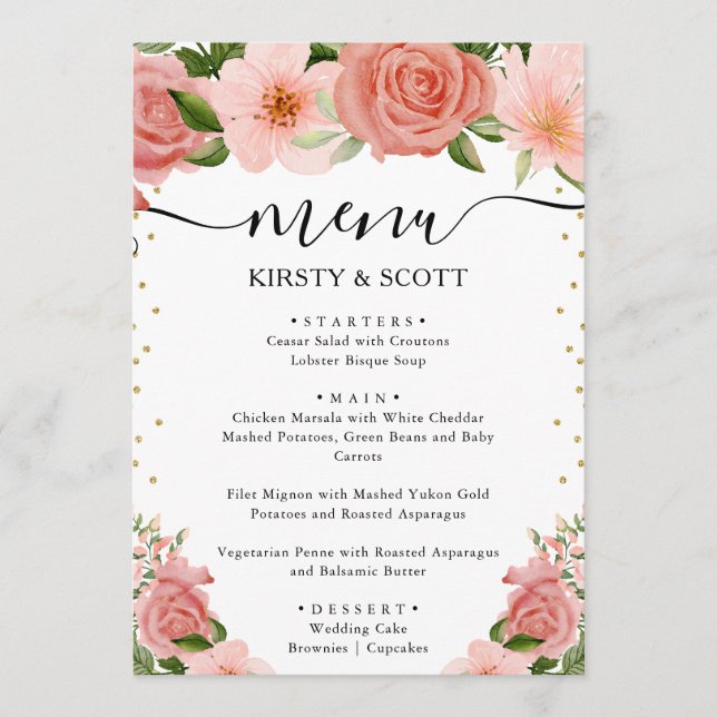 Menu Aquarelle Roses Fleurs Mariage Rose Clair (Devant)