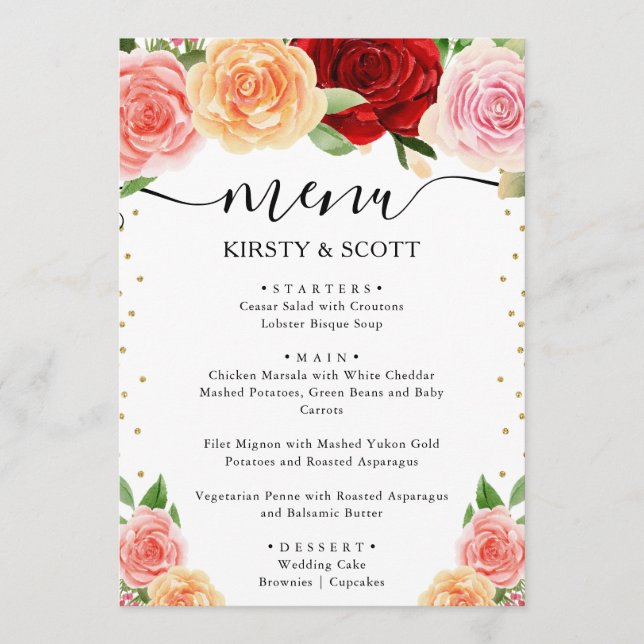 Menu Aquarelle Roses Rouges et Orange Mariage (Devant)