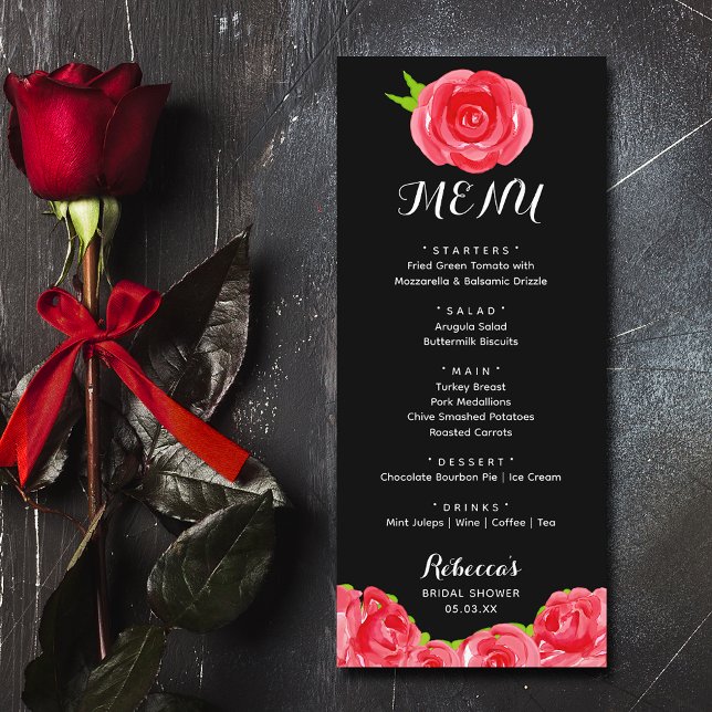 Menu Aquarelle Roses rouges Fête des mariées Derby (Watercolor red roses Derby-theme bridal shower menus)