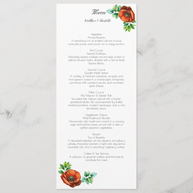 Menu Aquarelle Sublime Rouge Poppies en style Vintage (Devant)