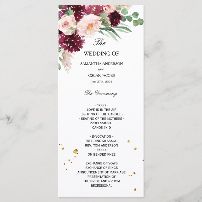Menu Aquarelle Tendance Bordeaux Rose Floral  (Devant)