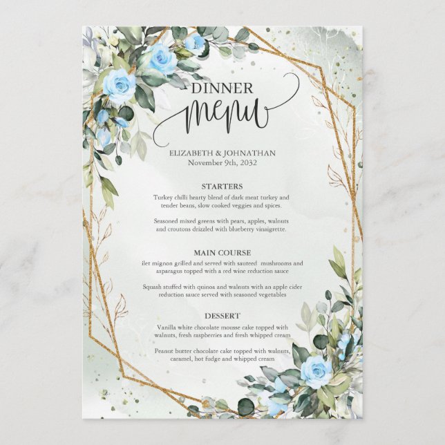 Menu Aquarelle tendance Fleurs bleues glacées Eucalyptu (Devant)