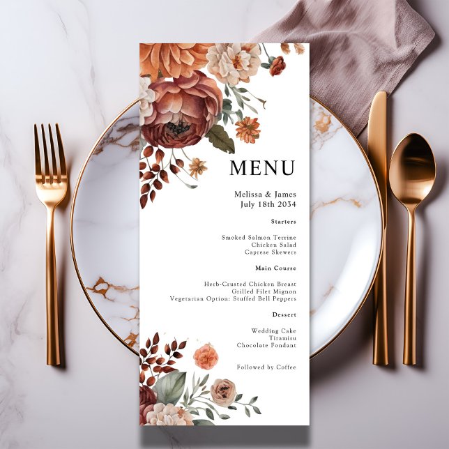Menu Aquarelle Terracotta Floral Blanc Mariage (Watercolor Terracotta Floral White Wedding Menu

Other color options also available )