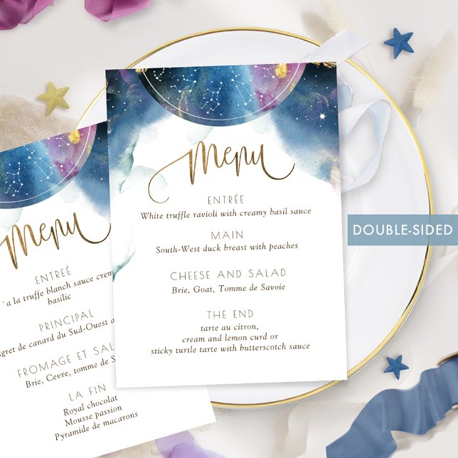 Menu aquarelle thème céleste chic recto-verso (Créateur téléchargé)