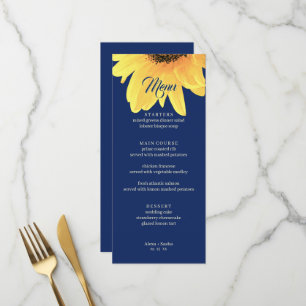 Menu Aquarelle tournesols bleu foncé minimaliste Mariag