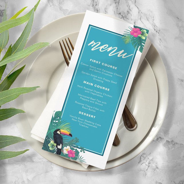 Menu Aquarelle Tropical avec Mariage Toucan ID Turquois (Créateur téléchargé)