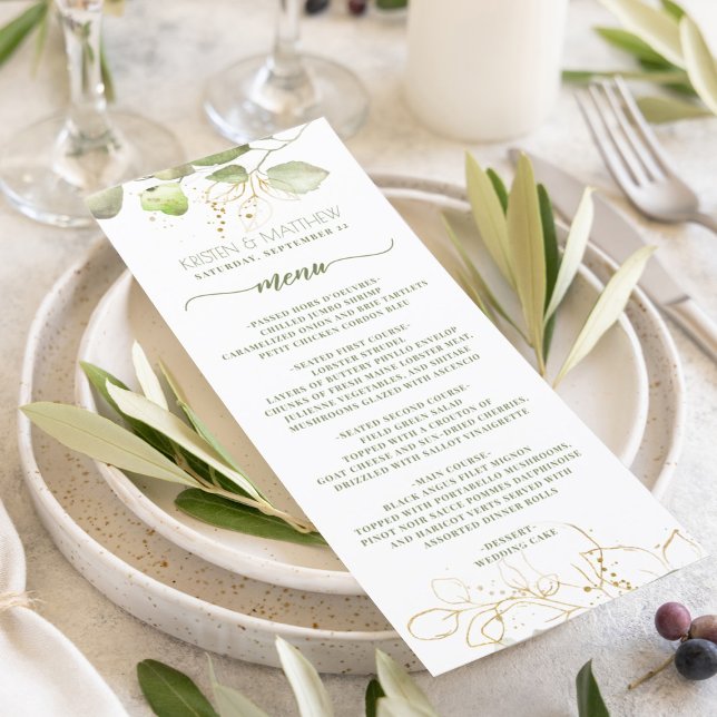 Menu Aquarelle Verdure Or Floral Mariage élégant (Greenery watercolor eucalyptus with gold outline for this modern elegant wedding reception menu.)