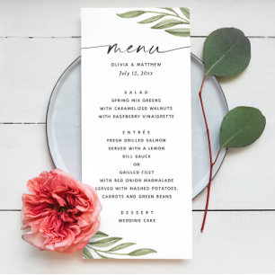 Menu Aquarelle verte feuillage floral mariage