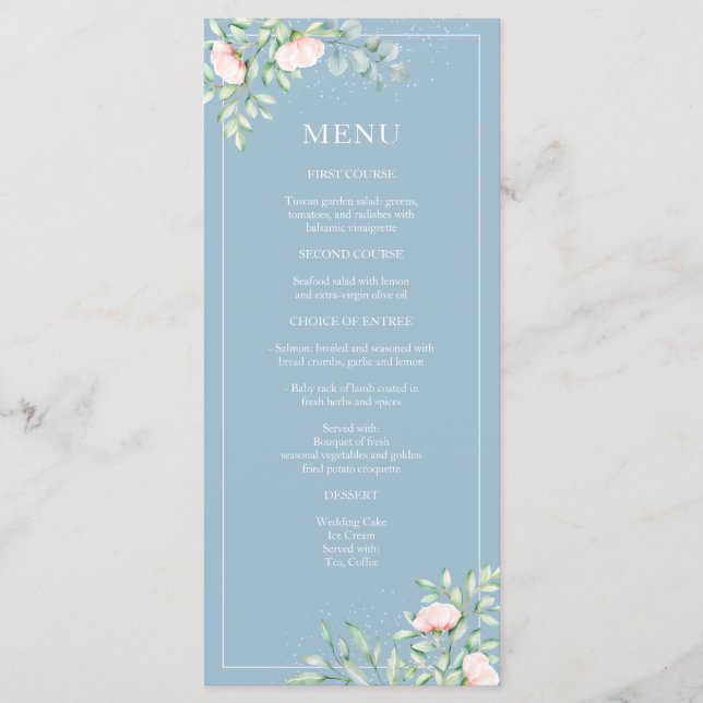 Menu Aquarelle verte Pêcher Rose Dusty Blue Mariage (Devant)