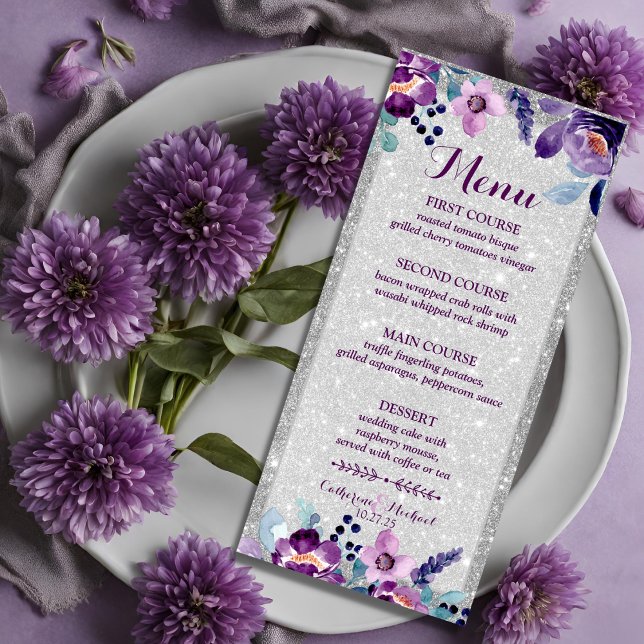 Menu Aquarelle violette Floral et Mariage Parties scint (Créateur téléchargé)