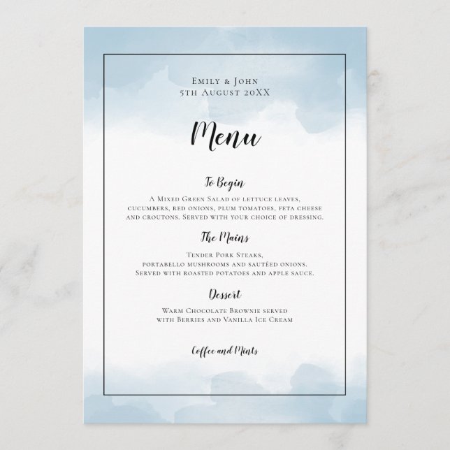 Menu Aquarelles bleu clair Mariage noir (Devant)