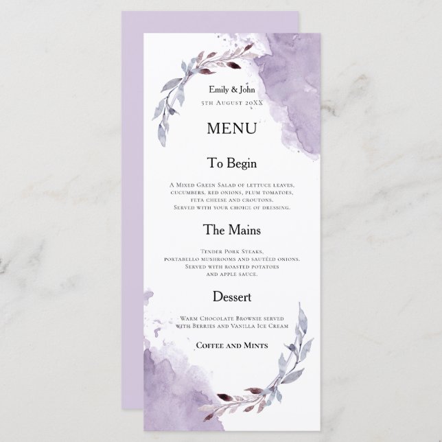Menu Aquarelles violettes Mariage de texte (Devant / Derrière)