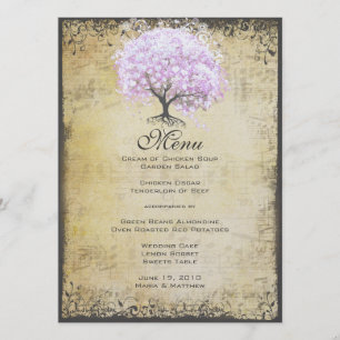 Menu Arbre de lavande à feuilles en cœur Mariage oiseau
