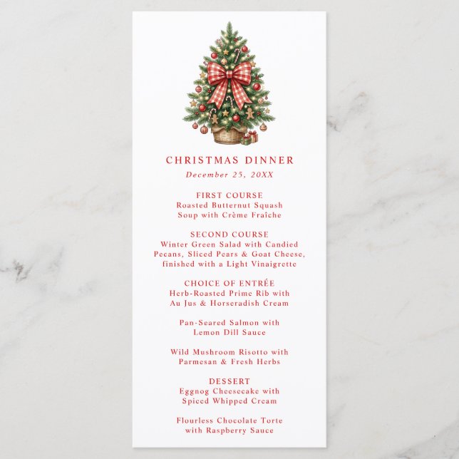 Menu Arbre de Noël à l'aquarelle élégant avec ruban gin (Devant)