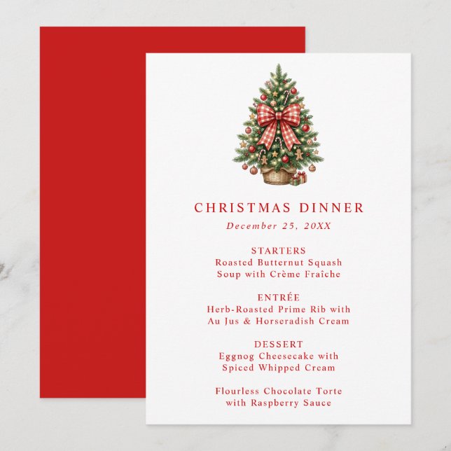 Menu Arbre de Noël à l'aquarelle élégant avec ruban gin (Devant / Derrière)