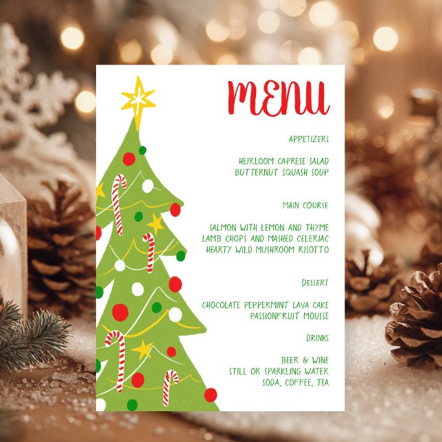 Menu Arbre de Noël Dessiné à la Main Fête de Fêtes PERS (Christmas Tree Hand Drawn Holiday Party CUSTOM Dinner Party Celebration Menu
)