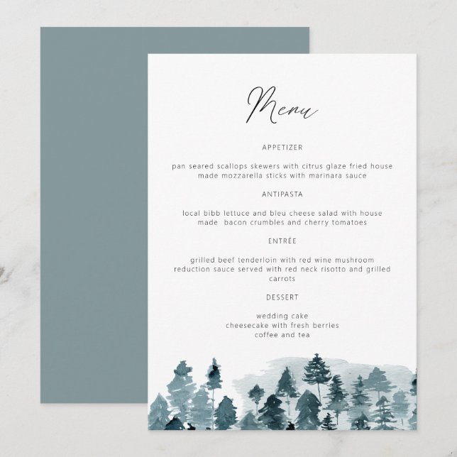 Menu Arbre en pin aquarelle bleu ardoise GRUE (Devant / Derrière)