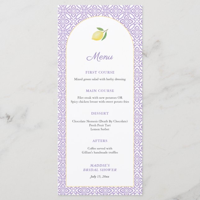 Menu Arch Lemons Lavender Bridal Shower Party (Devant)