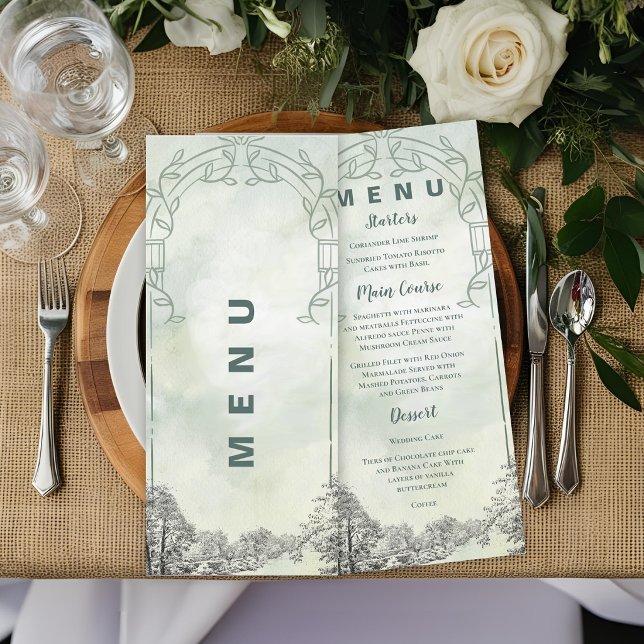 Menu Arche de jardin vert sauge pour réception de maria (Sage Green Garden Arch Wedding Menu | Elegant Botanical Reception Menu)