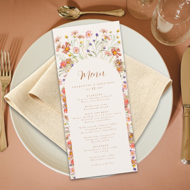 Menu Arche florale bohème pour un mariage d'automne (Boho rustic floral arch fall wedding menu watercolor wildflowers elegant script Beige cream ivory)