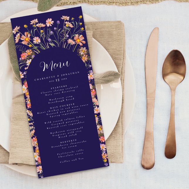 Menu Arche florale de mariage Bohème d'automne à fleurs (Boho fall wildflower floral arch navy blue and white wedding menu card Elegant modern watercolor)