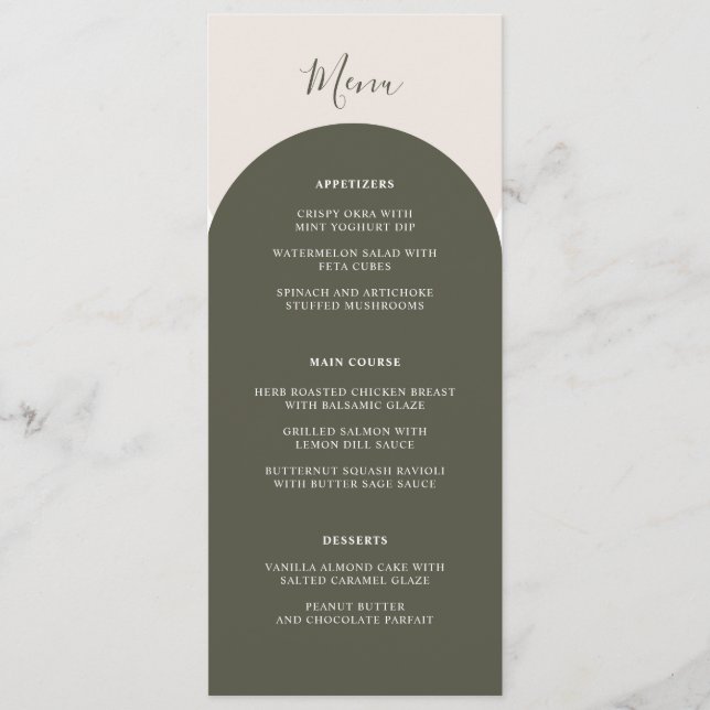 Menu Arches Rétro Mariage Dîner Bohème Vert Sauge (Devant)