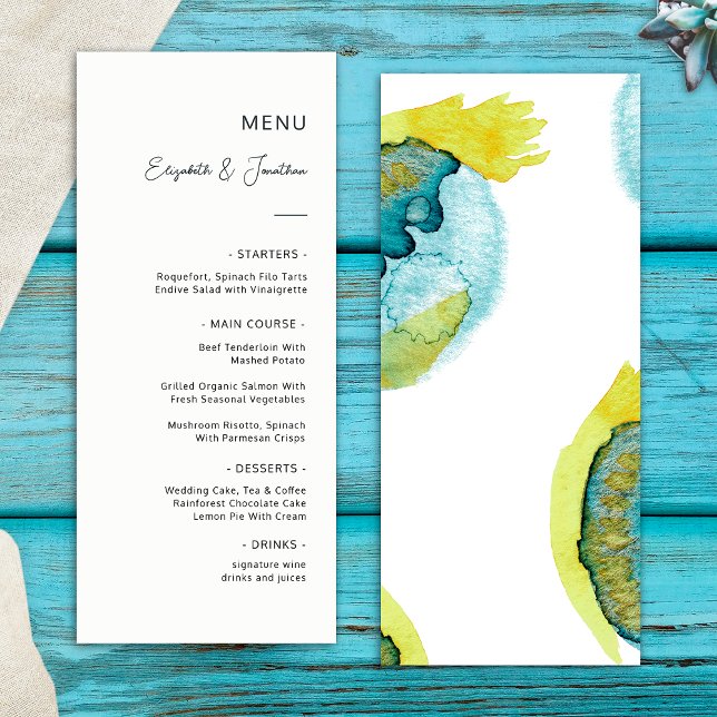 Menu Art abstrait aquarelle bleu jaune Mariage unique (Front/Back)