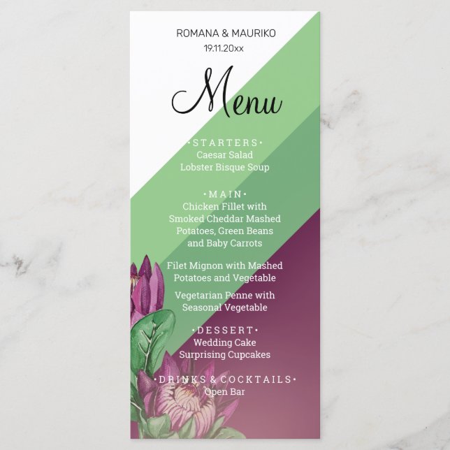 Menu Art aquarelle de la Reine Protéa verte violette (Devant)