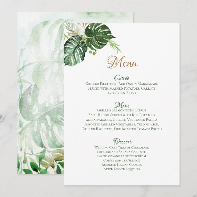 Menu Art de mariage feuilles de palmier vert tropical g (Devant / Derrière)