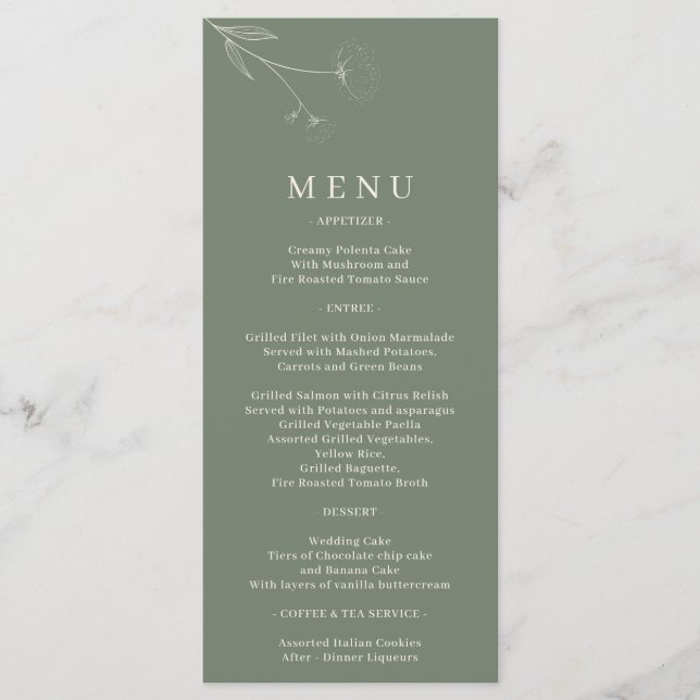 Menu Art floral en coton vert sauge pour mariage (Devant)
