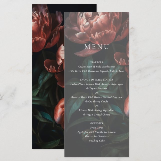 Menu Art romantique foncé Mariage floral (Devant / Derrière)